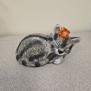 Sleeping Cat with Flower Figurine Vintage Miniature
